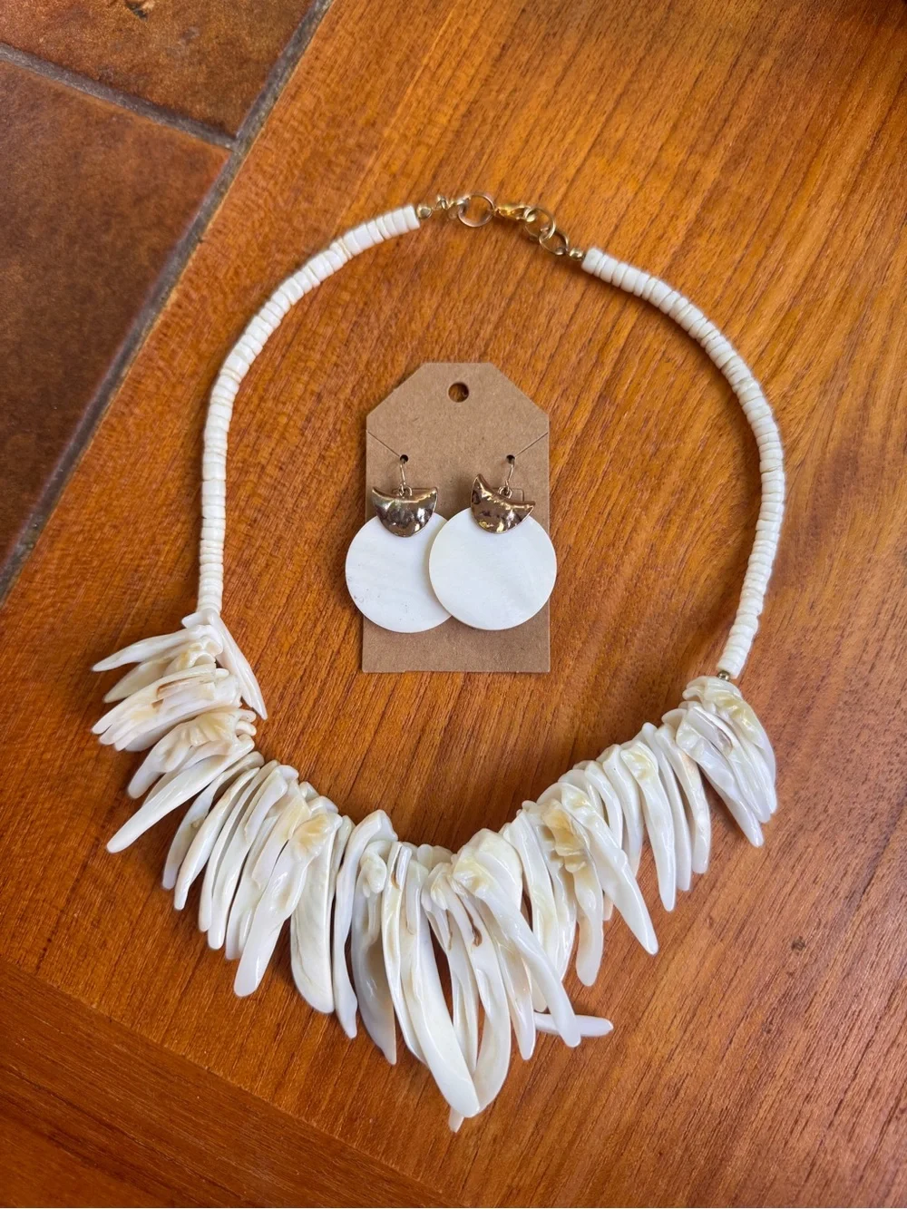 Handcrafted White Shell Statement Necklace and Earrings Set